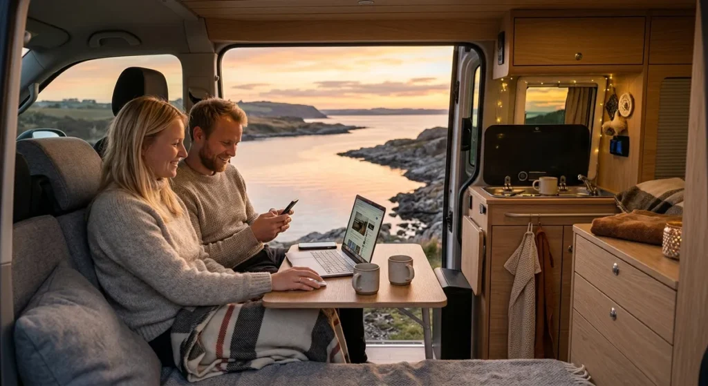Par i en moderne autocamper der bruger internet på en bærbar computer i naturskønne omgivelser